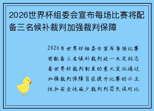 2026世界杯组委会宣布每场比赛将配备三名候补裁判加强裁判保障